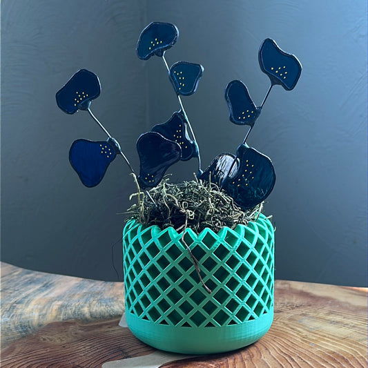 Green 3D printed planter with 3 glass stems